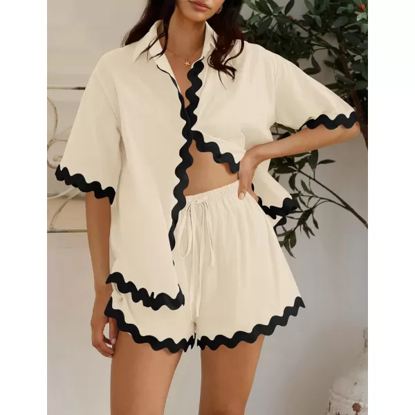 imageZESICA Womens Button Down Pajama Set Line Short Sleeve Shirt and Shorts Pj Lounge Sets Sleepwear with PocketsApricot