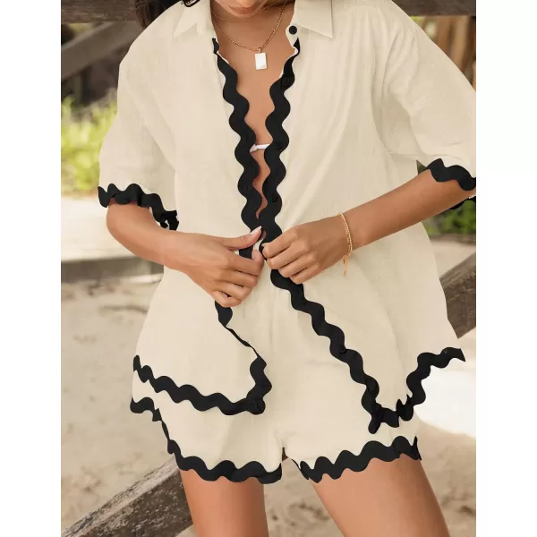 imageZESICA Womens Button Down Pajama Set Line Short Sleeve Shirt and Shorts Pj Lounge Sets Sleepwear with PocketsApricot