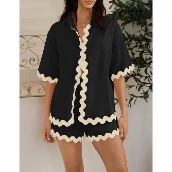 imageZESICA Womens Button Down Pajama Set Line Short Sleeve Shirt and Shorts Pj Lounge Sets Sleepwear with PocketsBlack