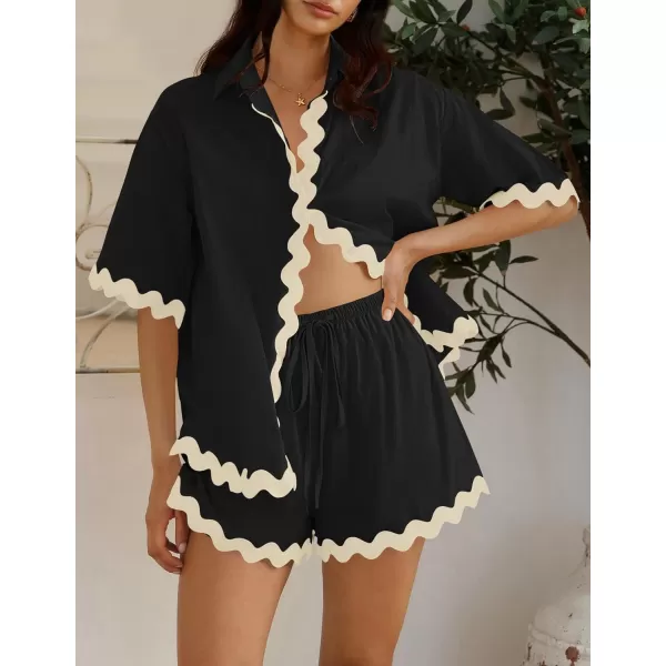 imageZESICA Womens Button Down Pajama Set Line Short Sleeve Shirt and Shorts Pj Lounge Sets Sleepwear with PocketsBlack