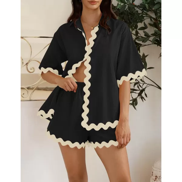 imageZESICA Womens Button Down Pajama Set Line Short Sleeve Shirt and Shorts Pj Lounge Sets Sleepwear with PocketsBlack