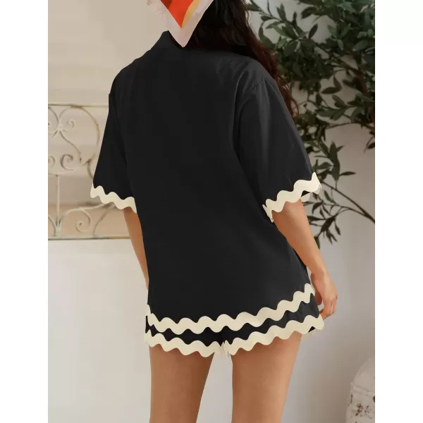 imageZESICA Womens Button Down Pajama Set Line Short Sleeve Shirt and Shorts Pj Lounge Sets Sleepwear with PocketsBlack