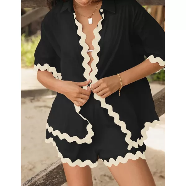 imageZESICA Womens Button Down Pajama Set Line Short Sleeve Shirt and Shorts Pj Lounge Sets Sleepwear with PocketsBlack