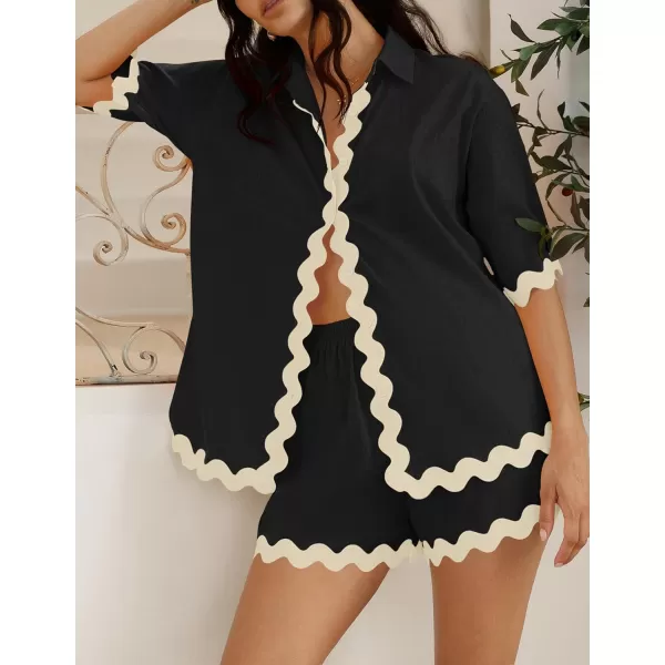 imageZESICA Womens Button Down Pajama Set Line Short Sleeve Shirt and Shorts Pj Lounge Sets Sleepwear with PocketsBlack