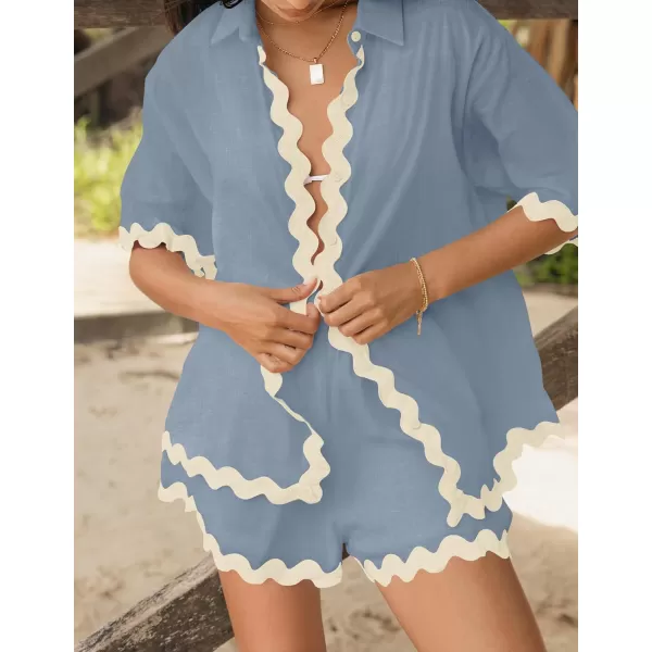 imageZESICA Womens Button Down Pajama Set Line Short Sleeve Shirt and Shorts Pj Lounge Sets Sleepwear with PocketsDusty Blue