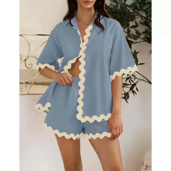 imageZESICA Womens Button Down Pajama Set Line Short Sleeve Shirt and Shorts Pj Lounge Sets Sleepwear with PocketsDusty Blue