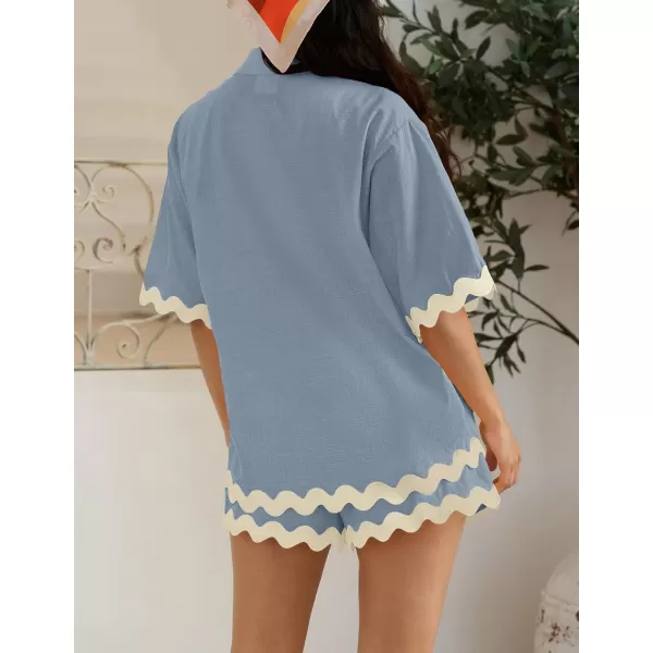imageZESICA Womens Button Down Pajama Set Line Short Sleeve Shirt and Shorts Pj Lounge Sets Sleepwear with PocketsDusty Blue