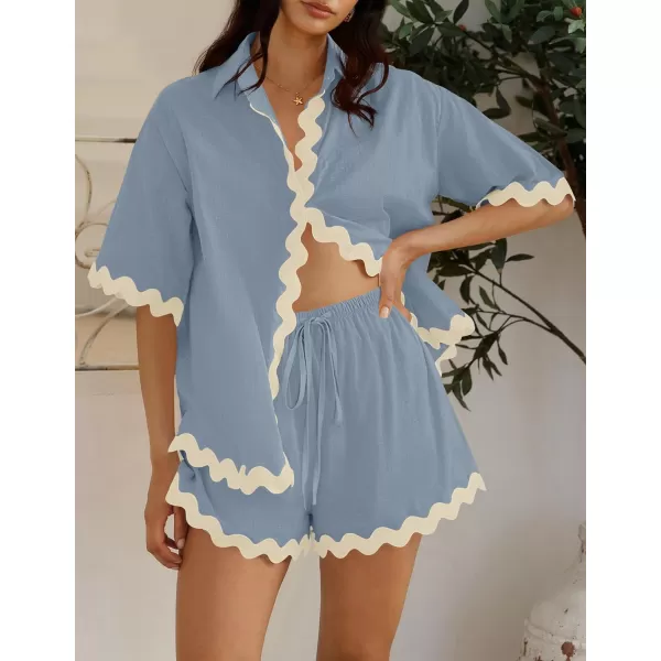imageZESICA Womens Button Down Pajama Set Line Short Sleeve Shirt and Shorts Pj Lounge Sets Sleepwear with PocketsDusty Blue