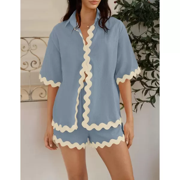 imageZESICA Womens Button Down Pajama Set Line Short Sleeve Shirt and Shorts Pj Lounge Sets Sleepwear with PocketsDusty Blue