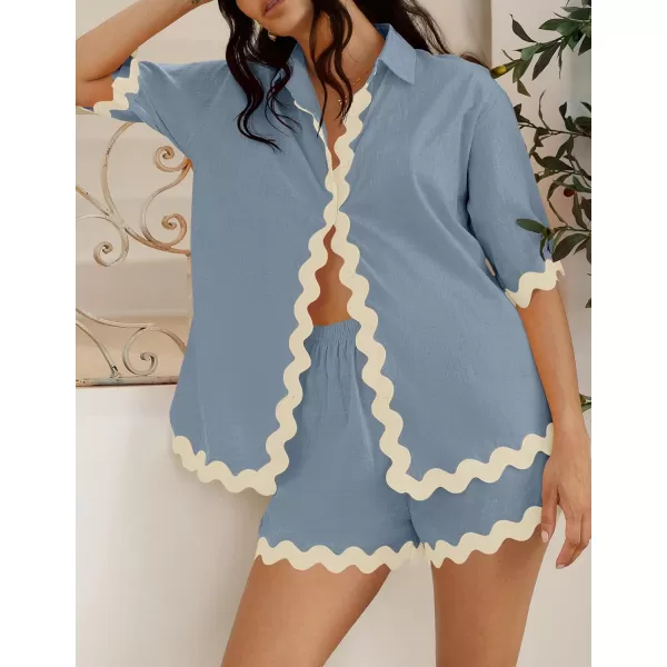 imageZESICA Womens Button Down Pajama Set Line Short Sleeve Shirt and Shorts Pj Lounge Sets Sleepwear with PocketsDusty Blue