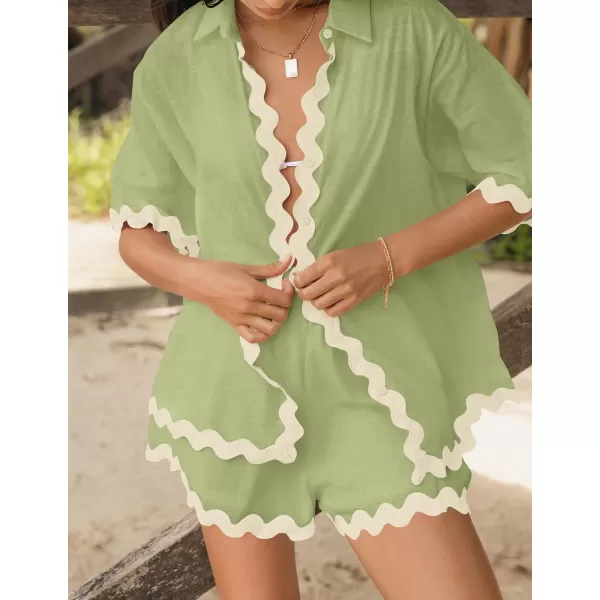 imageZESICA Womens Button Down Pajama Set Line Short Sleeve Shirt and Shorts Pj Lounge Sets Sleepwear with PocketsGreen