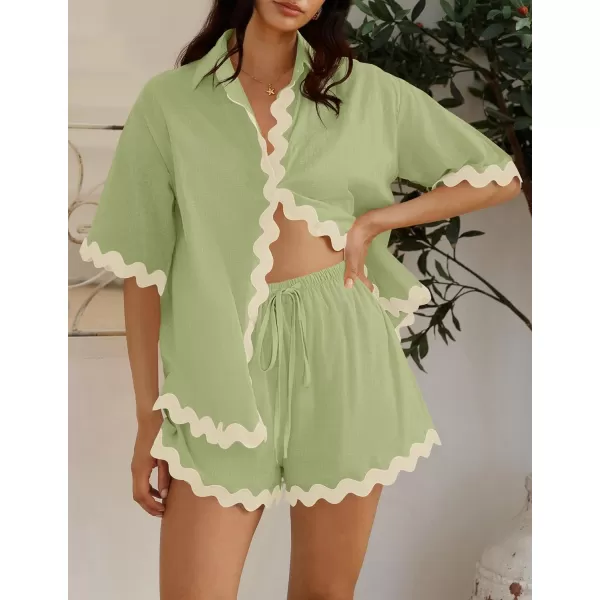 imageZESICA Womens Button Down Pajama Set Line Short Sleeve Shirt and Shorts Pj Lounge Sets Sleepwear with PocketsGreen