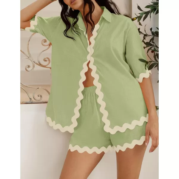 imageZESICA Womens Button Down Pajama Set Line Short Sleeve Shirt and Shorts Pj Lounge Sets Sleepwear with PocketsGreen