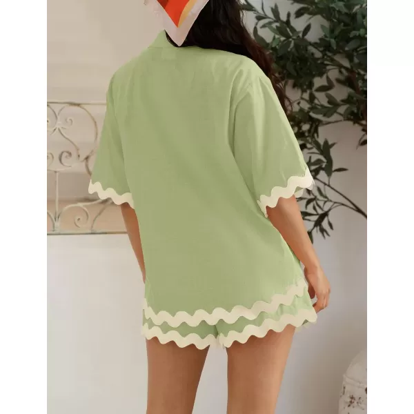 imageZESICA Womens Button Down Pajama Set Line Short Sleeve Shirt and Shorts Pj Lounge Sets Sleepwear with PocketsGreen