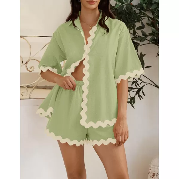 imageZESICA Womens Button Down Pajama Set Line Short Sleeve Shirt and Shorts Pj Lounge Sets Sleepwear with PocketsGreen