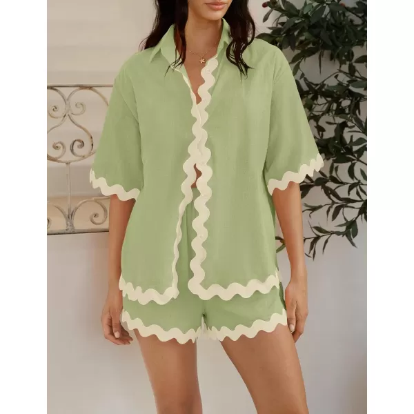 imageZESICA Womens Button Down Pajama Set Line Short Sleeve Shirt and Shorts Pj Lounge Sets Sleepwear with PocketsGreen