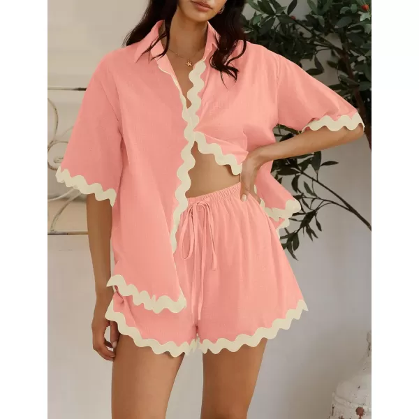 imageZESICA Womens Button Down Pajama Set Line Short Sleeve Shirt and Shorts Pj Lounge Sets Sleepwear with PocketsLight Pink