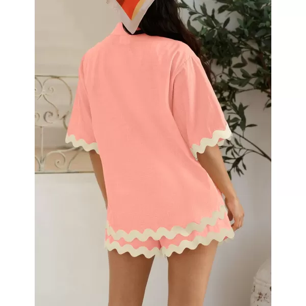imageZESICA Womens Button Down Pajama Set Line Short Sleeve Shirt and Shorts Pj Lounge Sets Sleepwear with PocketsLight Pink