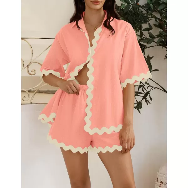 imageZESICA Womens Button Down Pajama Set Line Short Sleeve Shirt and Shorts Pj Lounge Sets Sleepwear with PocketsLight Pink
