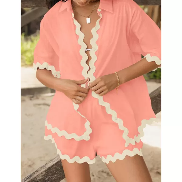imageZESICA Womens Button Down Pajama Set Line Short Sleeve Shirt and Shorts Pj Lounge Sets Sleepwear with PocketsLight Pink