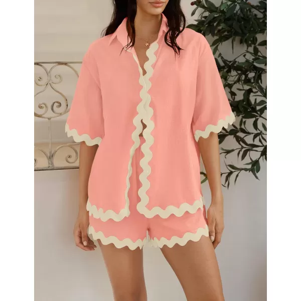 imageZESICA Womens Button Down Pajama Set Line Short Sleeve Shirt and Shorts Pj Lounge Sets Sleepwear with PocketsLight Pink