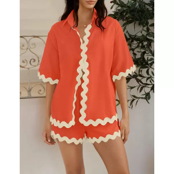 imageZESICA Womens Button Down Pajama Set Line Short Sleeve Shirt and Shorts Pj Lounge Sets Sleepwear with PocketsWatermelon Red