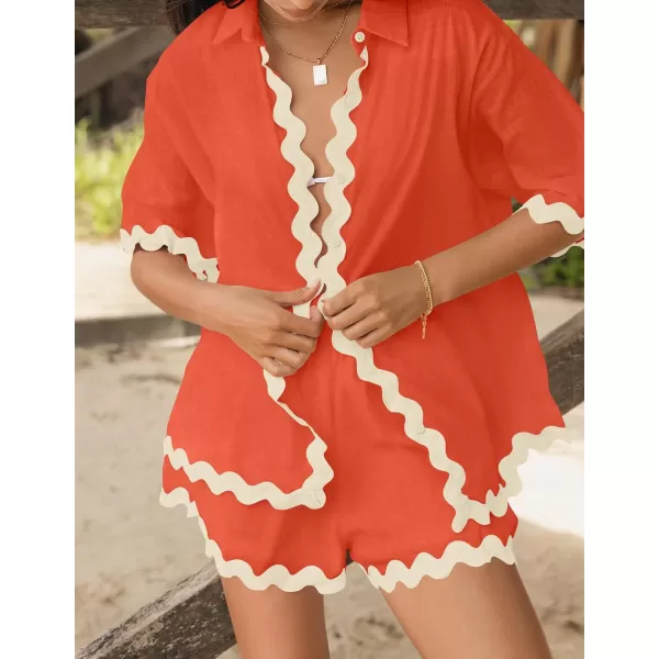 imageZESICA Womens Button Down Pajama Set Line Short Sleeve Shirt and Shorts Pj Lounge Sets Sleepwear with PocketsWatermelon Red