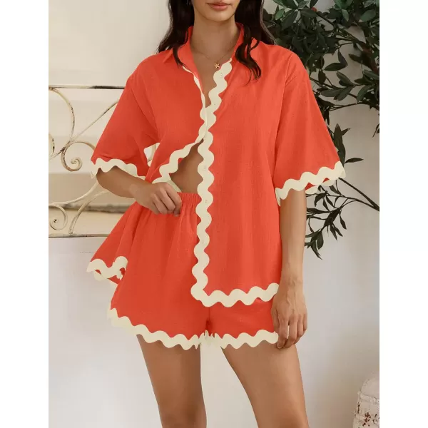 imageZESICA Womens Button Down Pajama Set Line Short Sleeve Shirt and Shorts Pj Lounge Sets Sleepwear with PocketsWatermelon Red