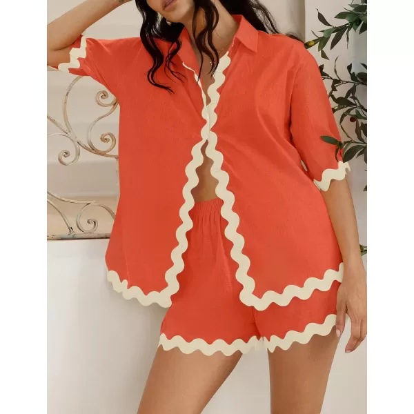 imageZESICA Womens Button Down Pajama Set Line Short Sleeve Shirt and Shorts Pj Lounge Sets Sleepwear with PocketsWatermelon Red