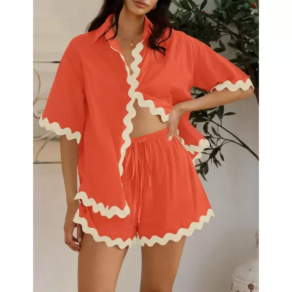 imageZESICA Womens Button Down Pajama Set Line Short Sleeve Shirt and Shorts Pj Lounge Sets Sleepwear with PocketsWatermelon Red