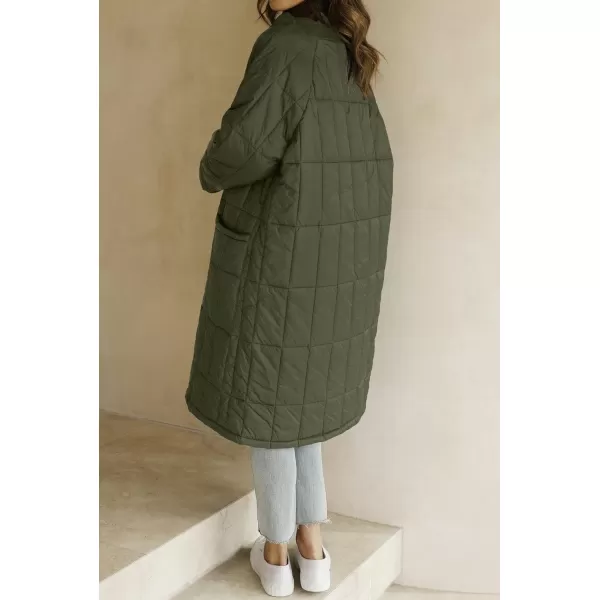 imageZESICA Womens Button Down Quilted Coat Winter Long Sleeve Stand Collar Oversized Puffer Jacket Outerwear with PocketsArmygreen