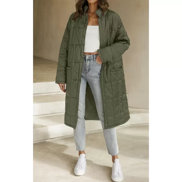 imageZESICA Womens Button Down Quilted Coat Winter Long Sleeve Stand Collar Oversized Puffer Jacket Outerwear with PocketsArmygreen