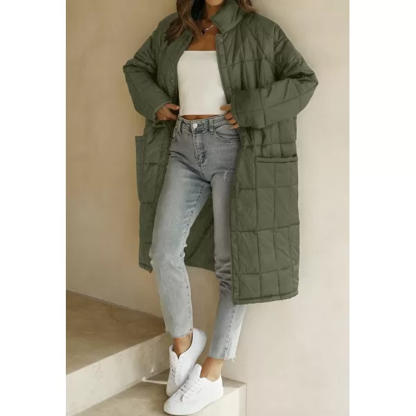 imageZESICA Womens Button Down Quilted Coat Winter Long Sleeve Stand Collar Oversized Puffer Jacket Outerwear with PocketsArmygreen