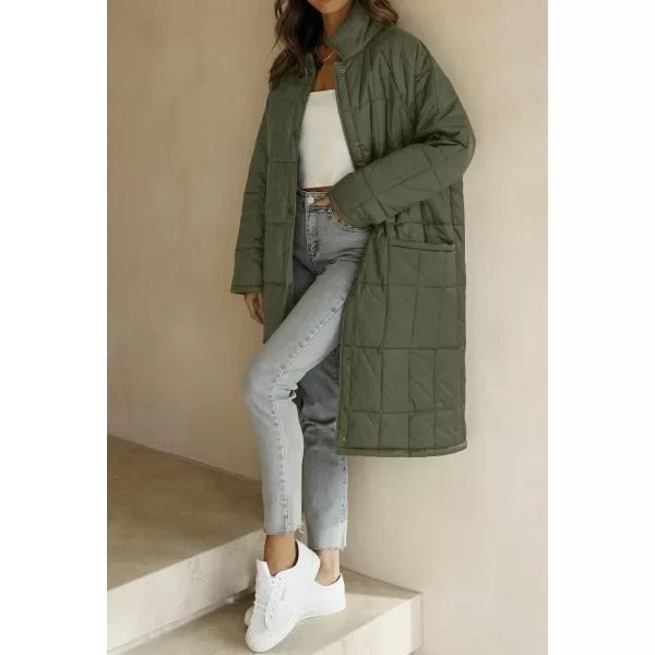 imageZESICA Womens Button Down Quilted Coat Winter Long Sleeve Stand Collar Oversized Puffer Jacket Outerwear with PocketsArmygreen