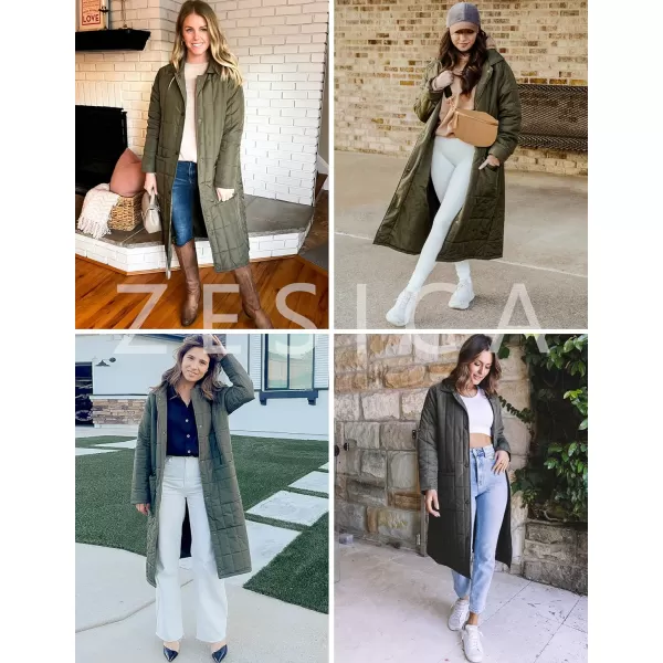 imageZESICA Womens Button Down Quilted Coat Winter Long Sleeve Stand Collar Oversized Puffer Jacket Outerwear with PocketsArmygreen