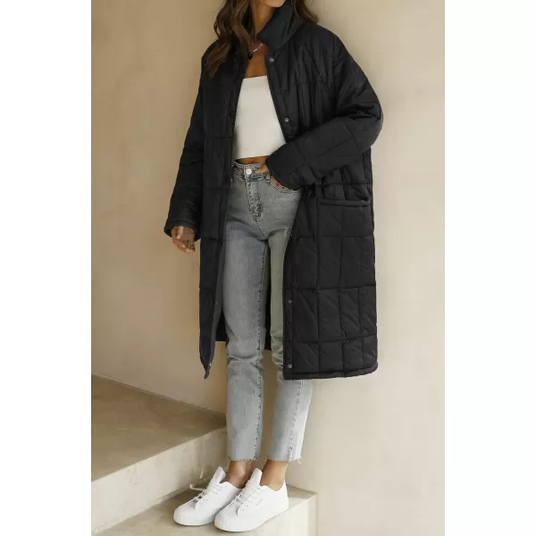 imageZESICA Womens Button Down Quilted Coat Winter Long Sleeve Stand Collar Oversized Puffer Jacket Outerwear with PocketsBlack