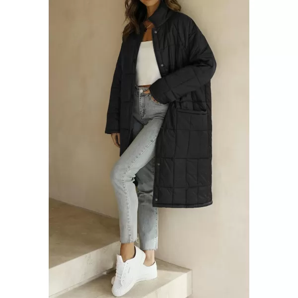 imageZESICA Womens Button Down Quilted Coat Winter Long Sleeve Stand Collar Oversized Puffer Jacket Outerwear with PocketsBlack