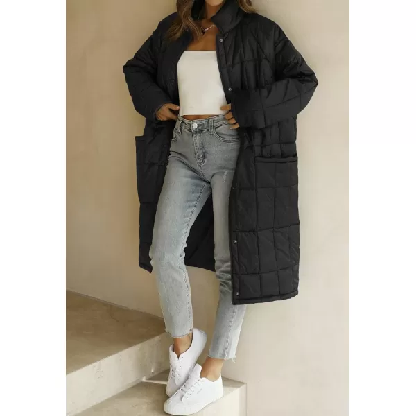 imageZESICA Womens Button Down Quilted Coat Winter Long Sleeve Stand Collar Oversized Puffer Jacket Outerwear with PocketsBlack