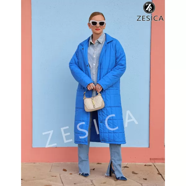 imageZESICA Womens Button Down Quilted Coat Winter Long Sleeve Stand Collar Oversized Puffer Jacket Outerwear with PocketsCobaltblue
