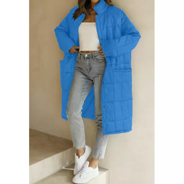 imageZESICA Womens Button Down Quilted Coat Winter Long Sleeve Stand Collar Oversized Puffer Jacket Outerwear with PocketsCobaltblue