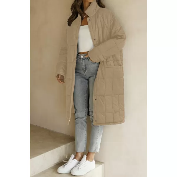 imageZESICA Womens Button Down Quilted Coat Winter Long Sleeve Stand Collar Oversized Puffer Jacket Outerwear with PocketsKhaki