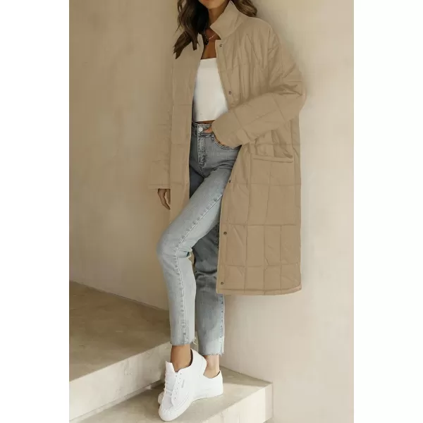 imageZESICA Womens Button Down Quilted Coat Winter Long Sleeve Stand Collar Oversized Puffer Jacket Outerwear with PocketsKhaki