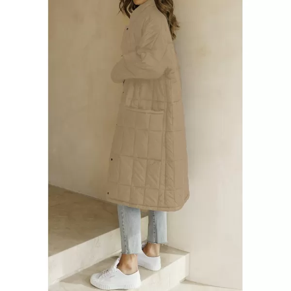imageZESICA Womens Button Down Quilted Coat Winter Long Sleeve Stand Collar Oversized Puffer Jacket Outerwear with PocketsKhaki