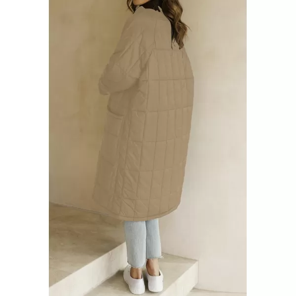 imageZESICA Womens Button Down Quilted Coat Winter Long Sleeve Stand Collar Oversized Puffer Jacket Outerwear with PocketsKhaki