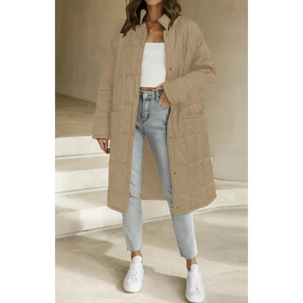 imageZESICA Womens Button Down Quilted Coat Winter Long Sleeve Stand Collar Oversized Puffer Jacket Outerwear with PocketsKhaki