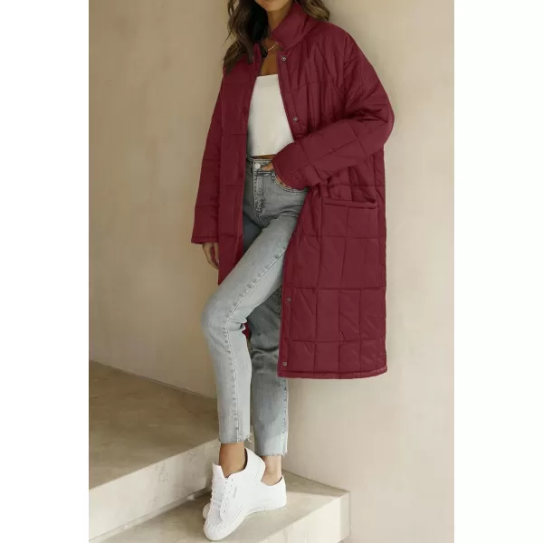 imageZESICA Womens Button Down Quilted Coat Winter Long Sleeve Stand Collar Oversized Puffer Jacket Outerwear with PocketsWine