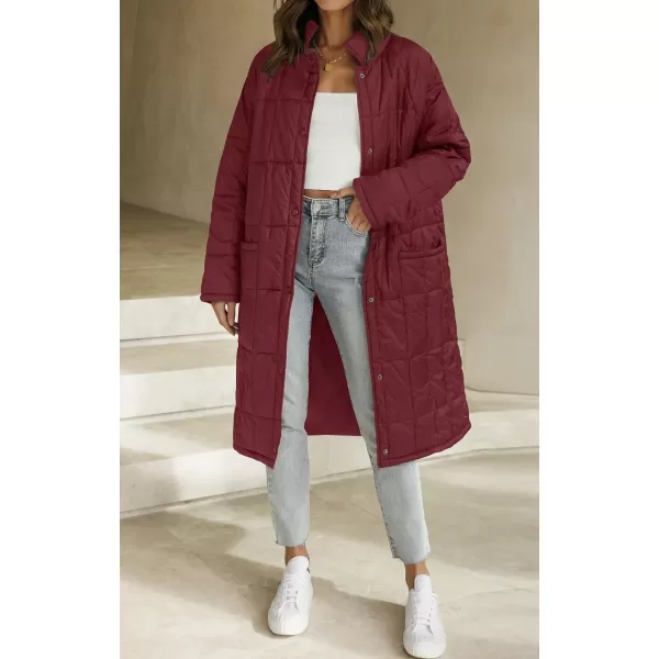 imageZESICA Womens Button Down Quilted Coat Winter Long Sleeve Stand Collar Oversized Puffer Jacket Outerwear with PocketsWine
