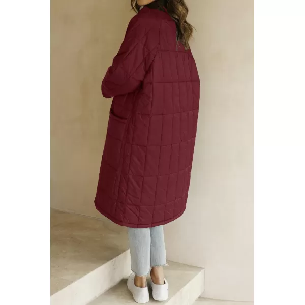 imageZESICA Womens Button Down Quilted Coat Winter Long Sleeve Stand Collar Oversized Puffer Jacket Outerwear with PocketsWine