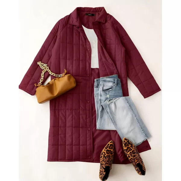 imageZESICA Womens Button Down Quilted Coat Winter Long Sleeve Stand Collar Oversized Puffer Jacket Outerwear with PocketsWine