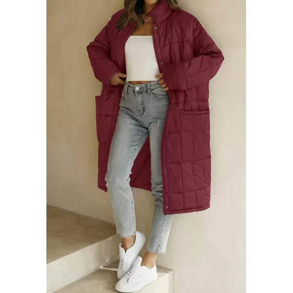 imageZESICA Womens Button Down Quilted Coat Winter Long Sleeve Stand Collar Oversized Puffer Jacket Outerwear with PocketsWine